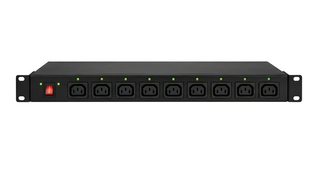 Rack mount power distribution unit with sockets on white background