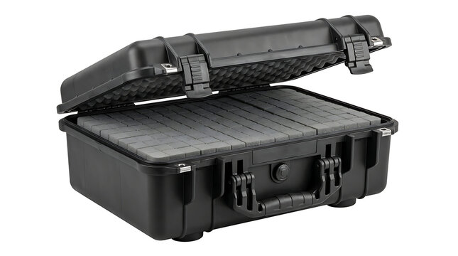 Open black protective hard case with foam interior on white background