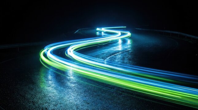 Curved light trails from fast moving vehicles on a dark wet road at night with vibrant blue and green colors