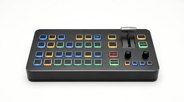 Compact live video switcher console with T bar on white background