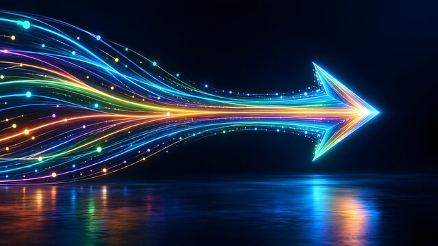 Dynamic glowing neon arrow formed by colorful fiber optic light trails symbolizing high speed digital progress and direction