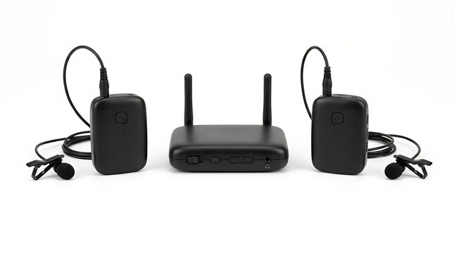Black wireless lavalier microphone system on white background