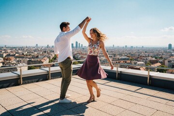 Obraz premium Young happy couple dances on a rooftop terrace. They enjoy a sunny day with city skyline. Modern romance, urban living, carefree relationship concept. Summer vibes, pure joy, shared moments.