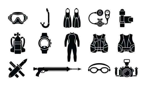 Scuba Diving Gear Icons Set: Underwater Exploration Equipment, Snorkeling, Freediving, Spearfishing, Photography