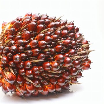 A cluster of ripe oil palm fruits showing reddishbrown oval drupes on a stalk isolated against a white background