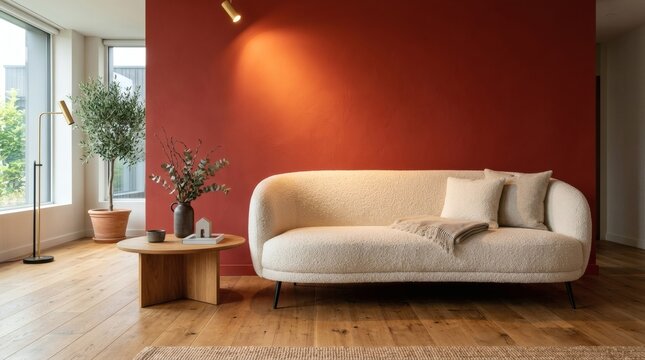 Modern living room with cream boucle sofa against bold terracotta red wall for luxury home staging and interior design.