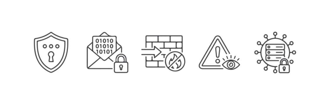 Cybersecurity and Data Protection Line Art Icon Set &ndash; Security Shield, Encrypted Email, Firewall, Warning Alert, and Secure Server Symbols
