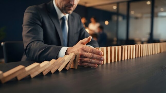 Professional businessman in a formal suit using his hand to stop falling wooden blocks on a desk, representing risk management, crisis prevention, and intervention in a corporate environment.