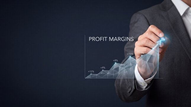 Businessman in a Professional Suit Analyzing and Pointing at a Digital Holographic Profit Margins Graph Showing Positive Financial Growth, Increasing Statistics, and Successful Business Strategy.