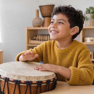 Joyful Latino boy with a hearing aid plays a hand drum during an inclusive music lesson in a bright classroom.