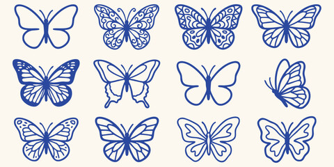 Collection of elegant hand drawn doodle butterflies in blue ink on a light cream background © Ishtiaq