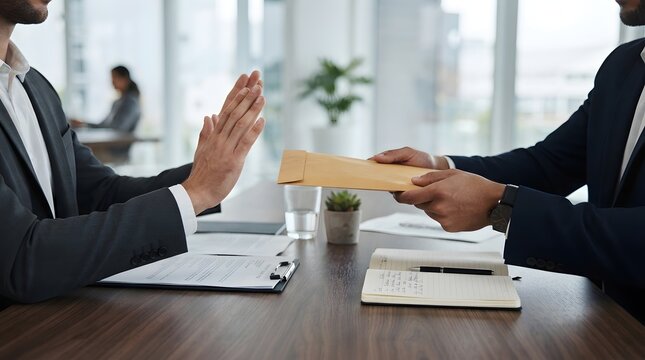 Business Professional Refusing a Brown Envelope During a Meeting Representing Anti-Corruption, Corporate Ethics, and Personal Integrity in a Modern Office Setting with Focus on Hand Gesture.