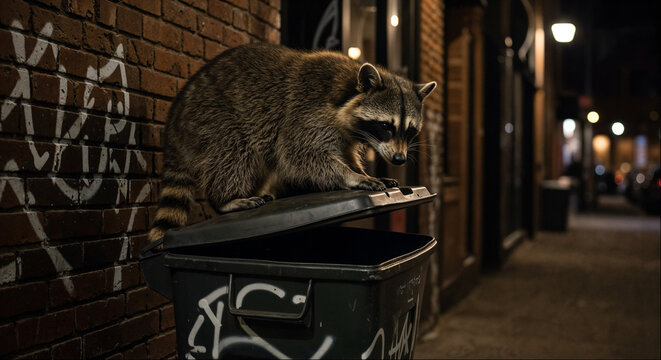 Raccoon opening a garbage bin in a city alley at night