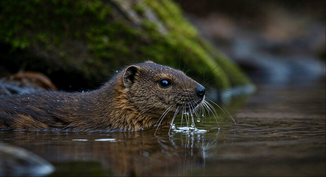 European otter surfacing in a dark forest stream close up