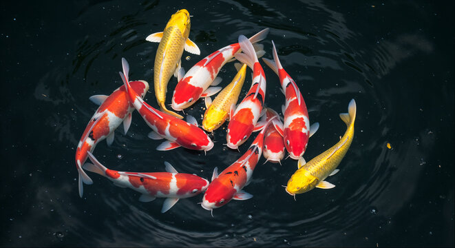 Koi carp swimming in a dark pond seen from directly above
