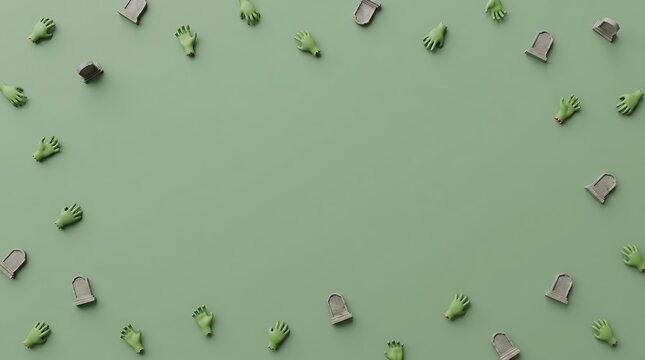 Green zombie hands and grey tombstones pattern on sage background