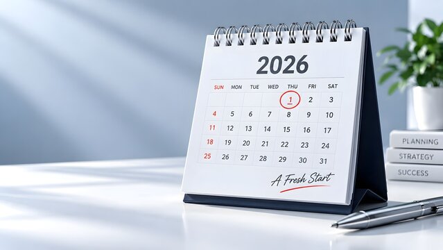 Modern desk calendar for 2026 on a bright office table with a pen and motivational books, featuring the text A Fresh Start and a circle on the first day for new year goals and planning.