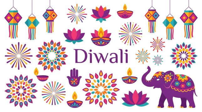 Diwali festival element set. Colorful vector illustrations for deepavali greeting, Indian holiday symbols including diya lamps, hanging lanterns, decorated elephant, lotus flowers, and fireworks.