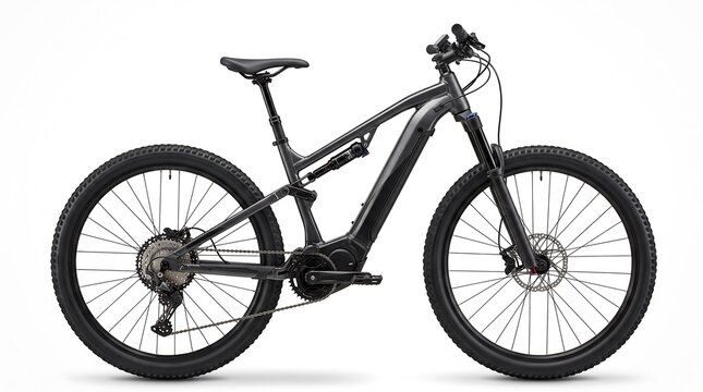 A modern matte black electric mountain bike featuring full suspension and a powerful integrated mid-drive motor system captured in a clean studio setting for professional cycling outdoor recreation