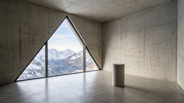 Minimalist concrete interior room featuring a large triangular window framing a majestic snowy mountain landscape, showcasing brutalist architecture and serene views.