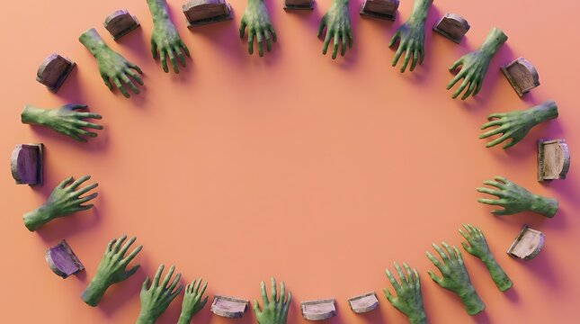 Green zombie hands and small tombstones arranged in an oval frame