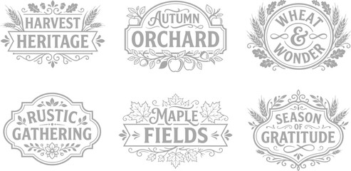 A collection of vintage hand drawn autumn harvest labels and badges featuring rustic typography and decorative floral elements for seasonal design projects © MDALOWER