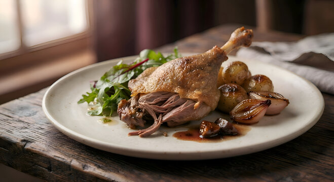 premium French duck confit with a beautifully crisp golden-brown skin and tender succulent dark meat