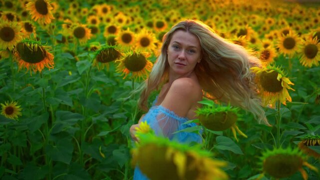 Golden sunflowers stretch far under warm sunset light. Young woman walks through tall sunflower rows, her blonde hair blowing gently. She smiles softly, eyes meeting the camera with calm joy