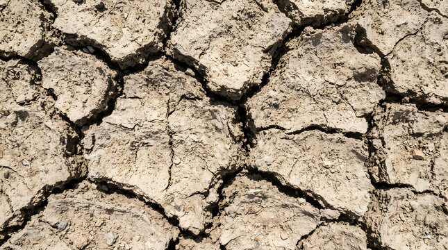 Top view of dry and parched soil with deep cracks during a severe drought, representing climate change, global warming, and extreme weather conditions in an arid environment or desert landscape.