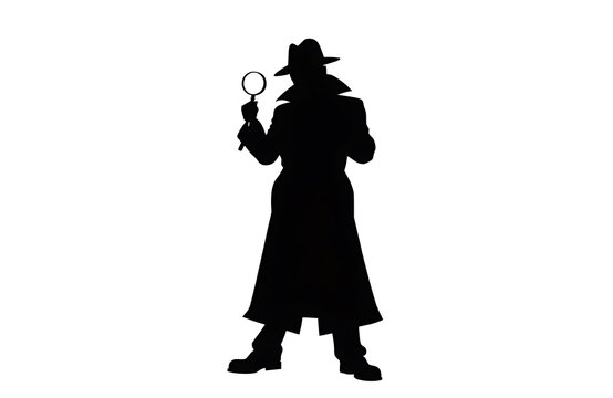 Silhouette of a detective wearing a hat and trench coat holding a magnifying
