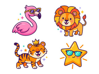 Obraz premium Cute cartoon animal stickers with flamingo and lion