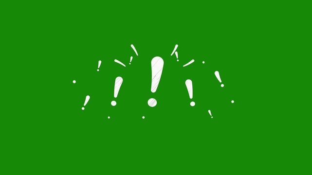 White Chalk Style Exclamation Marks Popping Out on Green Screen. Hand Drawn Burst of Exclamation Points With Accent Lines and Dots, Then Gently Wobbling. Surprise and Alert Doodle Chroma Key
