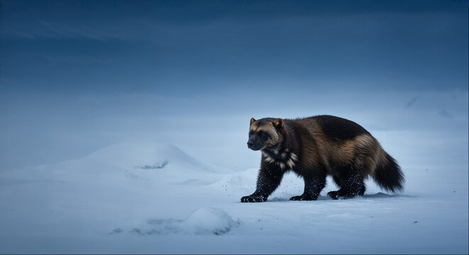 Wolverine crossing an empty snowfield in cold blue twilight