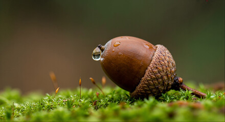 Acorn with a water droplet resting on bright green forest moss © Fotkrat