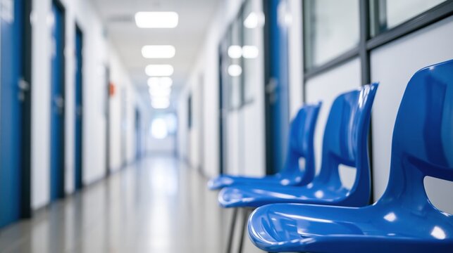 Empty blue plastic chairs in a long hospital