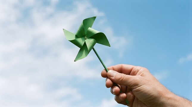 Close-up of a hand holding a green paper pinwheel against a bright blue sky with white clouds, symbolizing renewable energy, sustainability, eco-friendly concepts, and clean wind power technology.