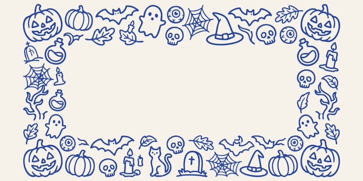 Hand drawn doodle border with Halloween icons in blue ink on a cream background for festive design