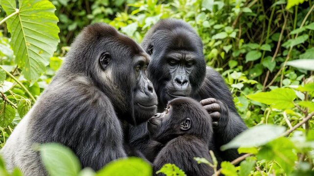 Close-up of a gorilla family resting in a lush green jungle. Adult ape turning its head to look at an infant among dense foliage. Wildlife conservation concept