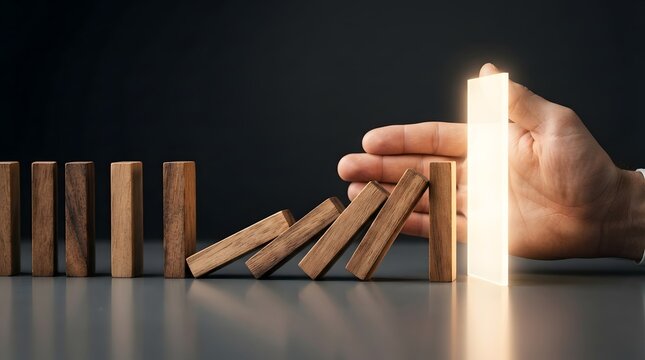 Businessman Hand Stopping Falling Wooden Blocks with a Glowing Light Barrier to Prevent Domino Effect, Conceptual Image for Risk Management, Crisis Prevention, Insurance, and Business Stability