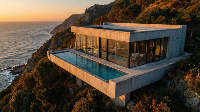 Dramatic cantilevered pool deck extending from a modern concrete villa over a steep coastal slope during warm sunset light