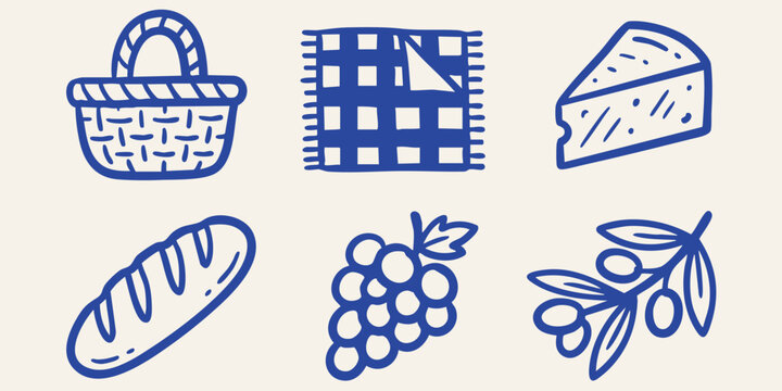 Hand drawn doodle elements for a picnic concept with basket bread cheese grapes and olives against a neutral background