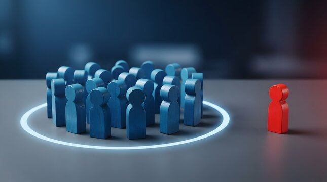 Single red wooden figure standing alone outside a glowing circle containing a group of blue figures, representing social isolation, exclusion, individuality, and being unique from the crowd.