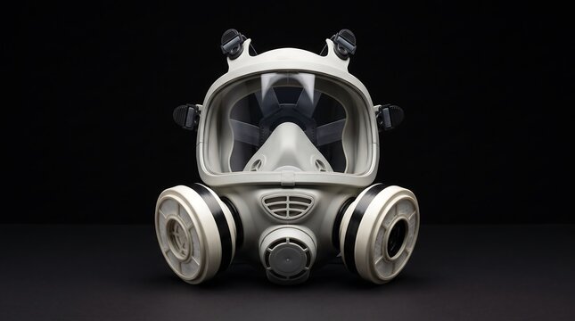 A professional gray full face respirator mask designed for industrial respiratory protection and hazardous environment safety isolated on a sleek solid black background