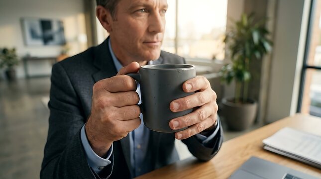 Thoughtful Mature Businessman Holding a Mug of Coffee While Taking a Break at His Office Desk