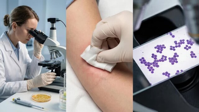 Microbial infection analyze: Staphylococcus cell, medical research, diagnose illness, patient treatment, laboratory process, germ discover, wound examine, disease monitor, culture plate.