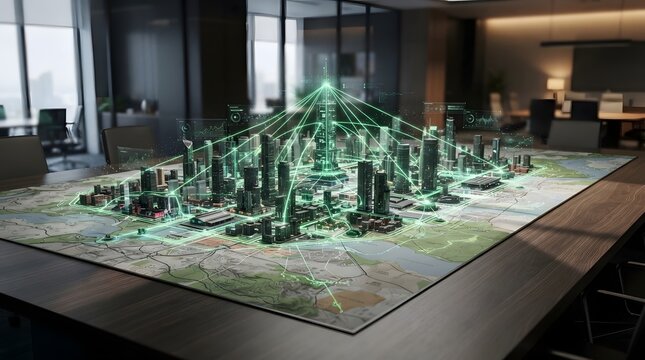 Futuristic smart city digital infrastructure model with glowing green 5G network connections and holographic data visualization for urban planning and technology development in modern office