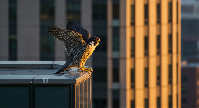 Peregrine falcon landing on a skyscraper ledge at golden hour