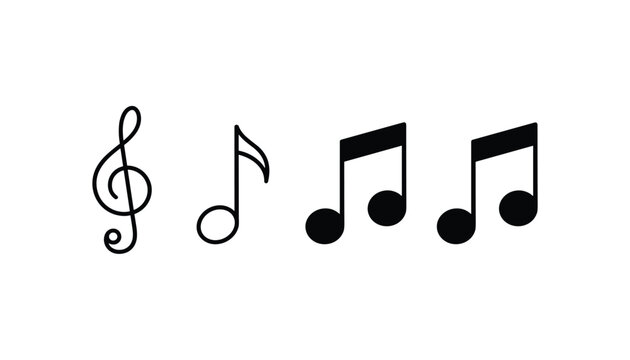 Simple music icons set showing a black treble clef, an eighth note, and two sixteenth notes on a white background.
