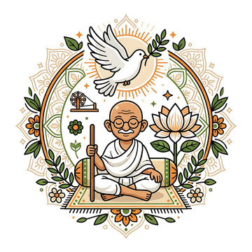Mahatma Gandhi Sitting in Peace Concept with Mandala Frame Vector