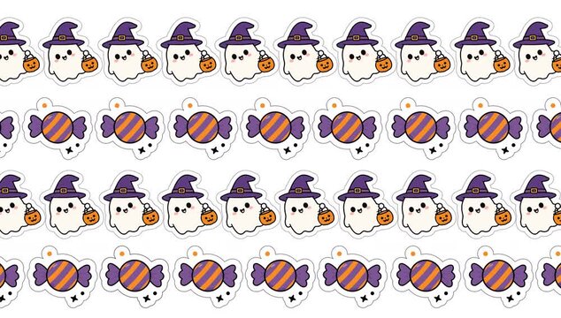 Cute seamless Halloween video loop featuring spooky ghosts with witch hats and sweet candies! Perfect motion background for spooky projects, overlays, and digital backdrops.